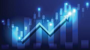 finance and business development. stock market candlesticks chart with bar graph on blue background vector