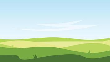 green field with white cloud and blue sky background. landscape cartoon scene vector
