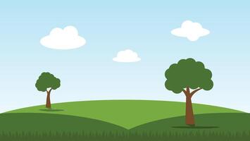 green field with trees and blue sky background. nature landscape cartoon scene vector
