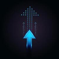 A bold, glowing blue arrow dominates the center of a dark background, symbolizing growth and forward movement. up trend in illustration vector