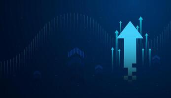 The A large pixel-styled blue arrow points upward, symbolizing strong growth or technological progress in a digital environment. and Group of upward arrows against a dark blue background vector