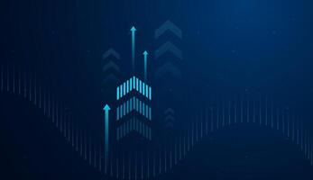 A smooth data wave curves across the background, suggesting real-time analytics, financial forecasting, or market fluctuations. and Group of upward arrows against a dark blue background vector
