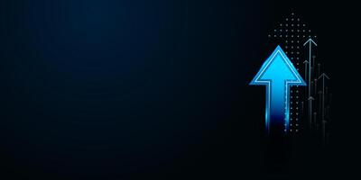 A futuristic bright blue neon arrow with a soft glow, trending upwards against a dark backdrop, conveying high-energy market surges and bullish trends in illustration vector