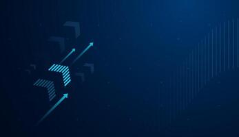 The blue arrow points upward, symbolizing strong growth or technological progress in a digital environment. on dark blue gradient background for business themes illustration vector