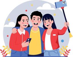 A flat style illustration showing friends taking picture vector