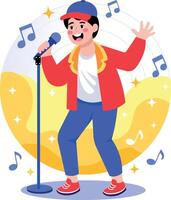 A flat style illustration showing a boy enjoying karaoke vector