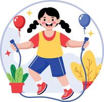 A flat style illustration showing a kid skipping vector