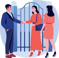 A flat style illustration showing a property agent greeting customers vector