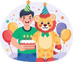 A flat style illustration showing a kid with his birthday toy vector