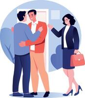 A flat style illustration showing a person hugging a homeowner vector