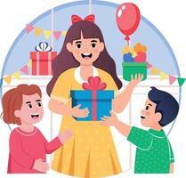 A flat style illustration showing a person holding birthday gifts vector