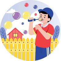 A flat style illustration showing a kid blowing bubbles vector