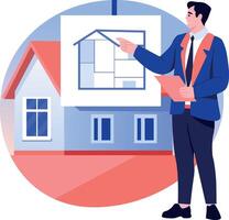 A flat style illustration of a person showing house blueprint vector