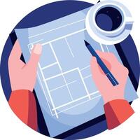 A flat style illustration showing a person drafting vector