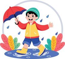 A flat style illustration showing a kid enjoying raining vector
