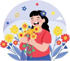 A flat style illustration showing a person enjoying in flower garden vector