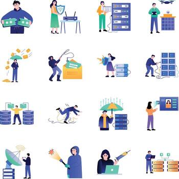 Illustrations of cybersecurity professionals at work vector