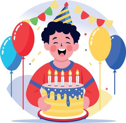 A flat style illustration showing a kid enjoying a birthday party