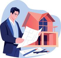 A flat style illustration of a person looking at house architect vector