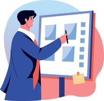 A flat style illustration of a person showing a listing board vector