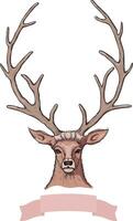 Linear pastel colored sketch of beautiful light brown deer with big horns and beautiful eyes and pink ribbon banner with empty place for your text vector