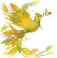 Watercolor green dove flying with flower branch and orange leaves - autumn vibes background vector