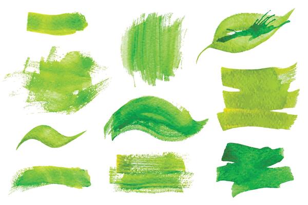 Set of fresh green hand drawn watercolor design elements,splashes,stains,dabs,leaf, on the white background for your design
