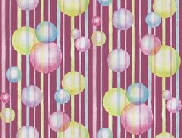 Hand pictured watercolor abstract geometric seamless pattern with blue,yellow,pink,violet bubbles and stripes elements on the violet rectangular background vector