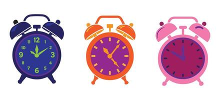 Colorful Retro Alarm Clock Set with Twin Bells in Pink Orange Blue for Wake Up Time Concepts and Classic Vintage Timepiece Illustrations vector