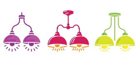 Colorful hanging ceiling lamp icon set with modern double dome lights for home interior decor and illumination graphic illustrations vector