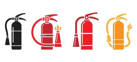 Colorful fire extinguisher icon set with safety nozzles and flames for emergency response, fire protection and firefighting illustrations vector