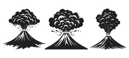 Explosive erupting volcano icon set in black silhouette with smoke clouds and lava bursts for natural disaster and geology illustrations vector
