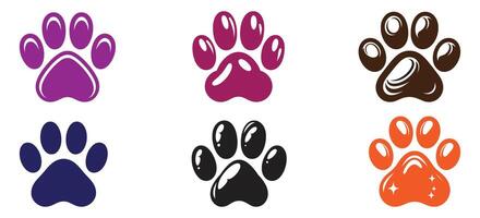 Glossy Colorful Animal Paw Prints Set in Multiple Styles Including Black Brown Purple Orange for Pet Tracks Design and Cute Icons vector