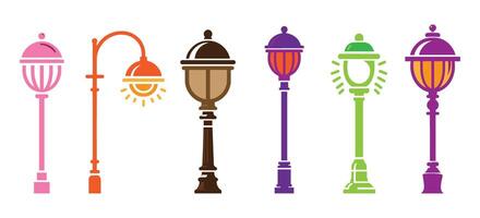 Colorful Decorative Street Lamp Post Collection with Vintage Lantern Styles for Urban Lighting Design and Cityscape Illustration Projects vector