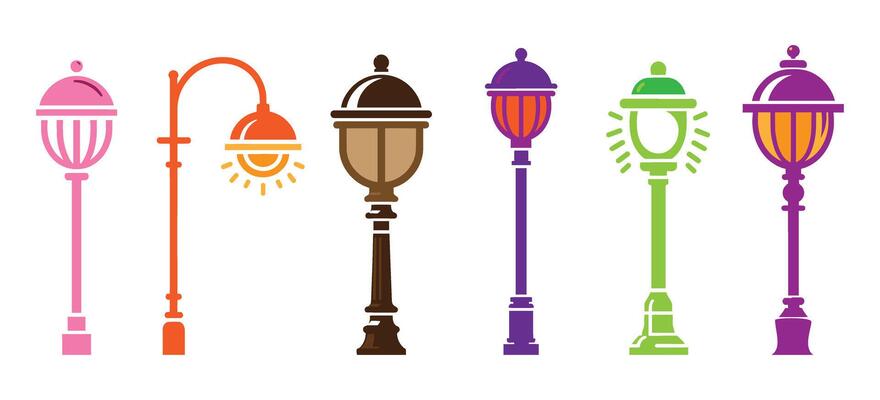 Colorful Decorative Street Lamp Post Collection with Vintage Lantern Styles for Urban Lighting Design and Cityscape Illustration Projects