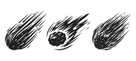 Black Comet and Meteor Silhouette Set with Dynamic Motion Trails for Space Explosion Impact Asteroid Fireball or Celestial Theme Design vector