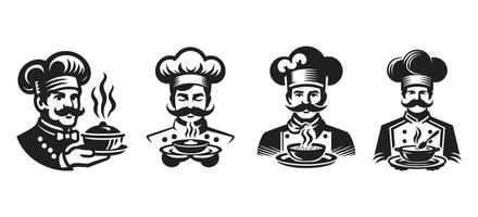 Classic Chef Characters Holding Hot Dishes with Mustache and Hat for Restaurant Branding Culinary Identity and Kitchen Decor vector
