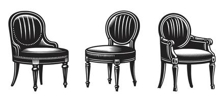 Elegant Classic Chairs Set with Vintage Carved Details and Upholstered Seat for Interior Design Furniture and Antique Decor Projects vector