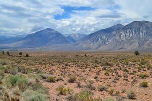 Scenic view of desert landscape with mountains and cloudy sky in late afternoon photo