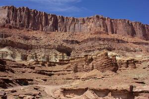 Majestic rock formations under a clear blue sky in a desert landscape during midday light photo