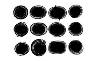 A Set of hand drawn circular and oval brush stroke frames in bold black ink. These abstract, grunge style shapes feature dynamic swirls, messy textures, and organic borders vector