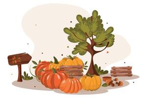 Harvest scene with pumpkins and tree vector