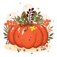 Pumpkin with leaves and flowers vector