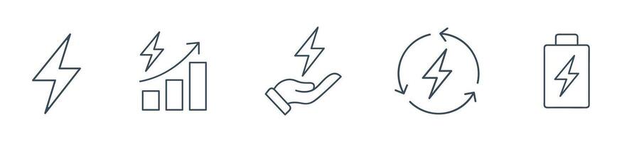 Electric Power and Energy Line Icons Set - Lightning Bolt, Growth, Hand, Recycle, and Battery Symbols Illustration vector
