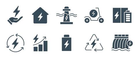 Renewable Energy and Power Generation Glyph Icons Set - Sustainable Electricity and Eco-Friendly Icons vector
