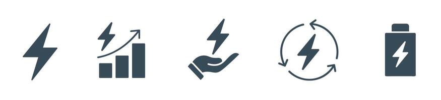 Electric Power and Energy Glyph Icons Set - Lightning Bolt, Growth, Hand, Recycle, and Batter Illustration vector