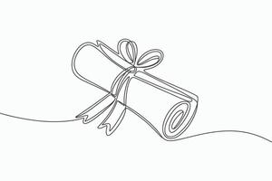 Minimalist single line drawing of a rolled diploma tied with a ribbon vector