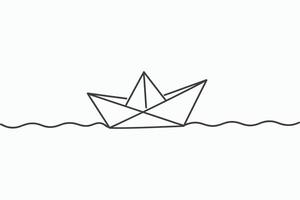 Simple line drawing of a paper boat floating on wavy water vector