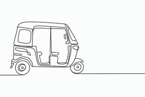 Minimalist single line drawing of a three wheeled auto rickshaw on a white background vector