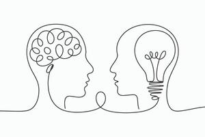 Two abstract heads facing each other one with a brain and the other with a lightbulb vector